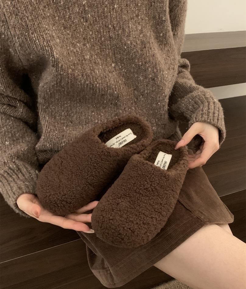 Baotou outer wear cotton slippers, one pedal, velvet to keep warm, big head retro confinement fluffy slippers, home leisure half drag