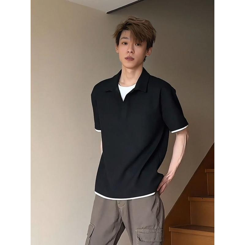 

Men Casual Contrast Trim Polo Shirt Short Sleeve V Neck Loose Fit Daily Office Wear S чорний