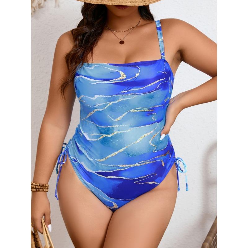Women Plus Size Tight One Piece Digital Print Adjustable Strap Fashion Swimsuit
