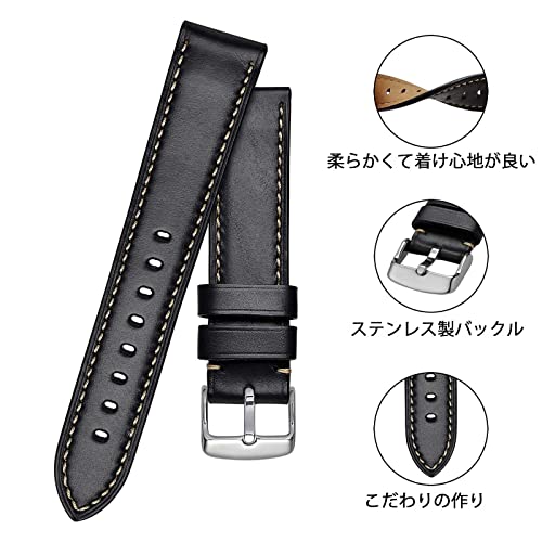 BISONSTRAP Genuine Leather Watch Strap, 23mm, Horween Leather Watch Band, Black, with Installation Tools