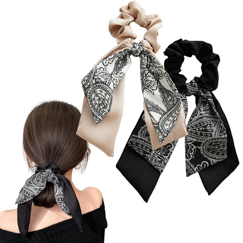 Melodio Ribbon Scrunchie Silk Hair Rubber Adult Set of 2 Stylish Hair Elastic Ribbon Hair Accessory Women's Ribbon Scrunchie Hair Ornament (Beige &