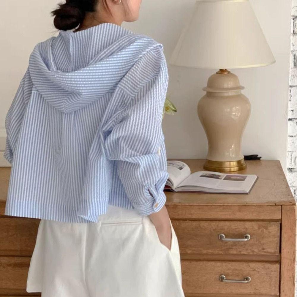 Retro Striped Hooded Shirt Sunscreen Sweatshirts for Women Stylish Long Sleeved Shirt Autumn