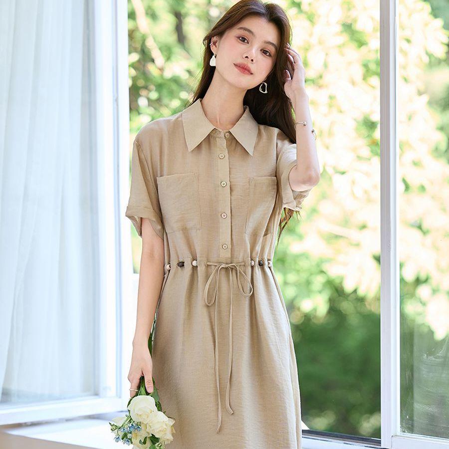 

SAER 2026 Summer Waist-Cinched Short-Sleeve Shirt Dress - Lightweight & Slimming L (60-65kg)