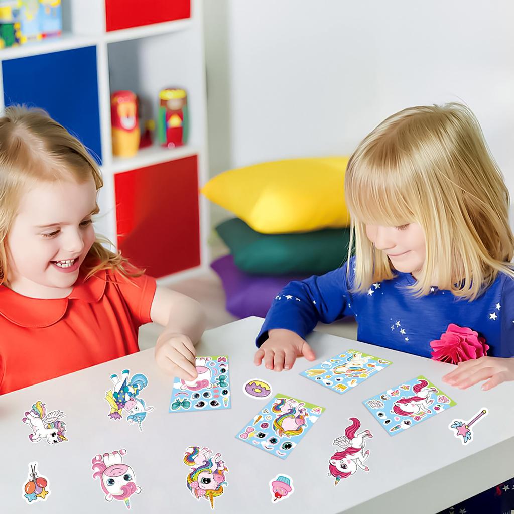 16Sheets Rainbow Unicorn Puzzle Stickers Make A Face Cartoon Decals Diy Guitar Phone Laptop Suitcase Water Cup Skateboard Decals