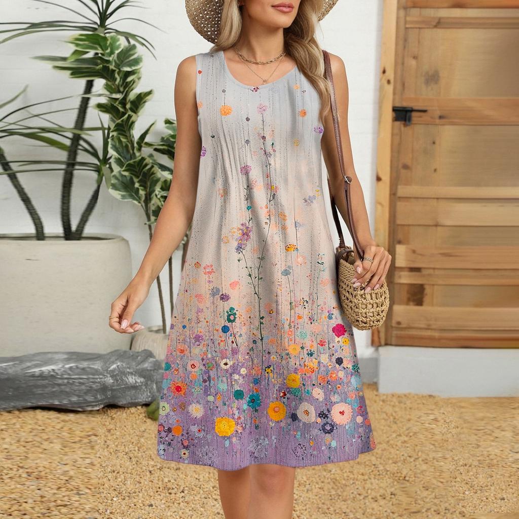 Women's Casual Fashion Breathable Flower Printed Vest Dress With Pockets
