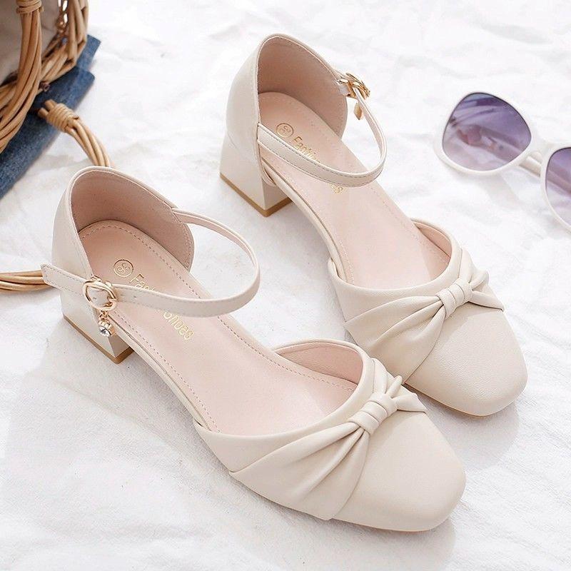 High heels women's 2025 new summer skirt temperament versatile not tired feet thick heel one-word buckle bag head sandals women