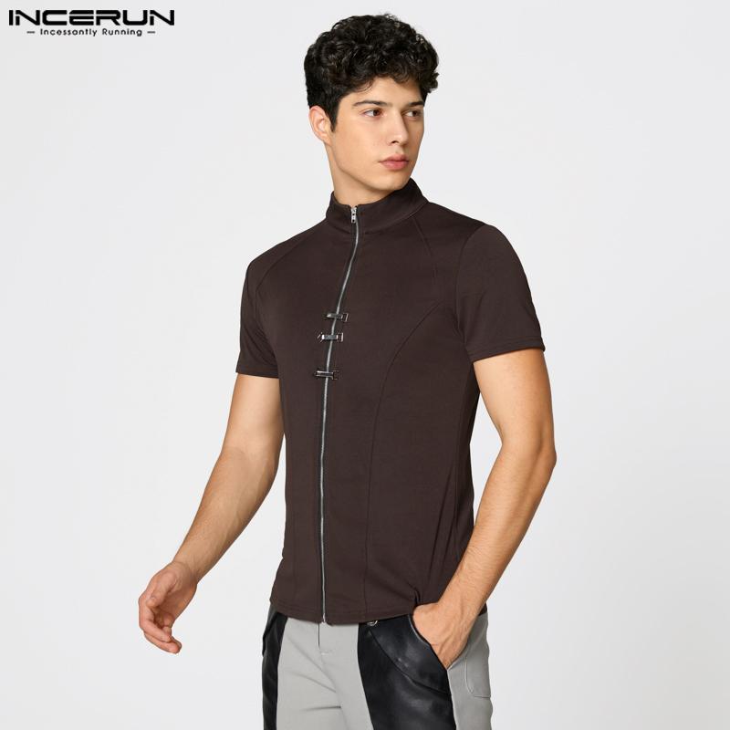 INCERUN Summer Men High Neck Short Sleeve Zip-Up Fitted Tops T-shirts Undershirts