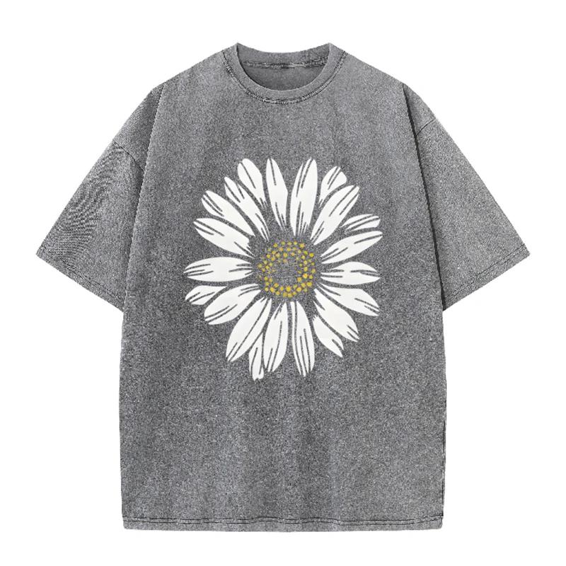 Daisy Flower Print Vintage Washed BlackT Shirt Casual Minimalist Streetwear Tee