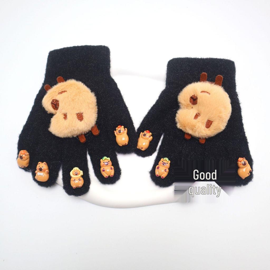 Capybara Unisex Winter Manicure Gloves for Kids - Warm Five-Finger Design