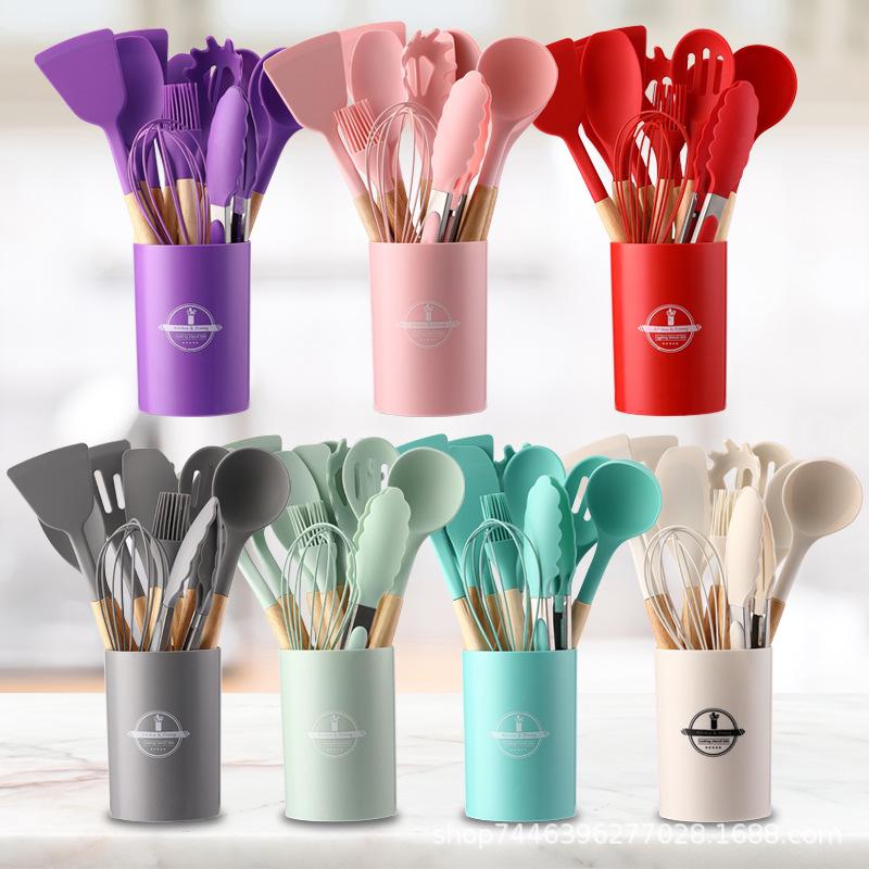 Set da 12 Pezzi di Utensili da Cucina in Silicone con Manici in Legno - Set Spatola e Cucchiaio