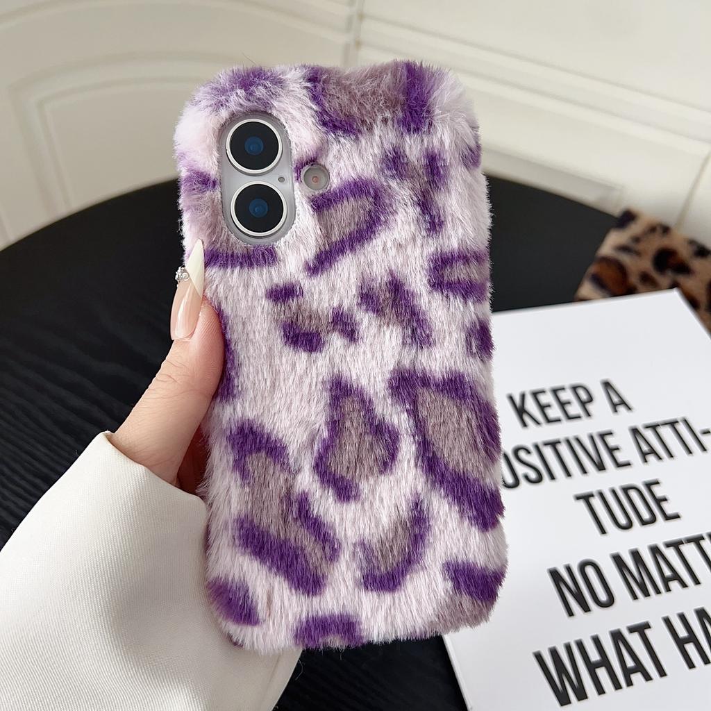For iPhone 17 Case Leopard Pattern Fluffy Plush TPU Phone Cover