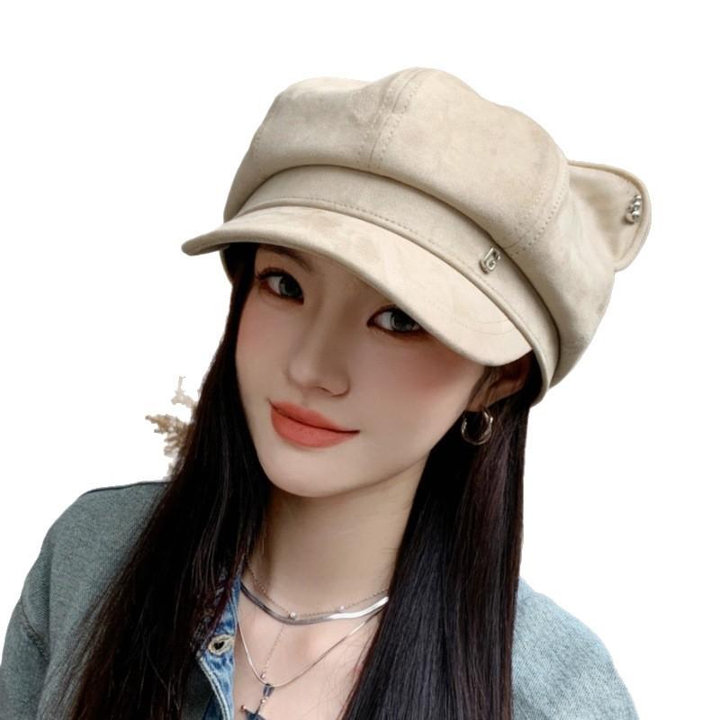 New Black Octagonal Hat Ins Wind Cat Ear Metal Label Newsboy Hat Autumn and Winter Versatile Face Hat