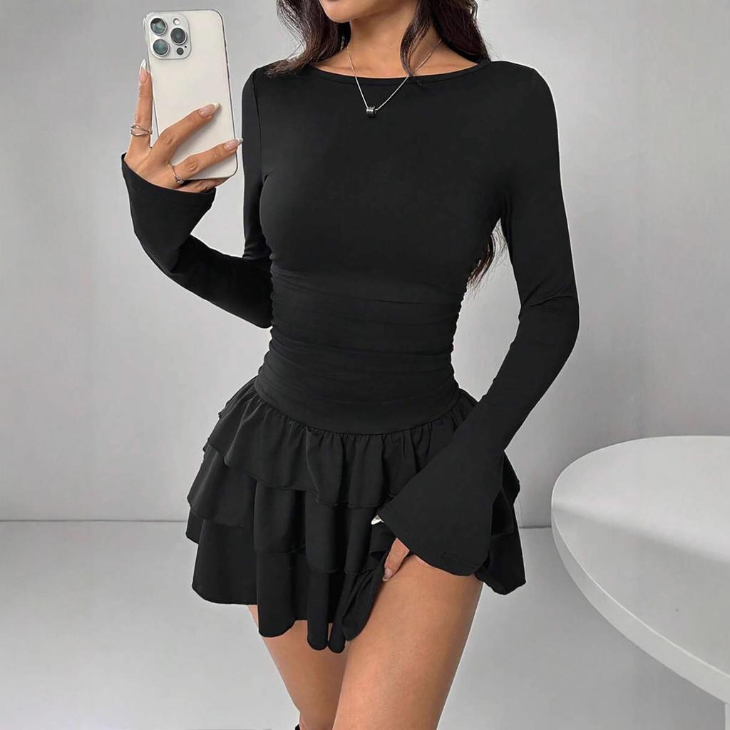 Women's Round Neck Long Sleeve Slim Fit Layered Ruffle Mini Dress Casual Fall Party Dress