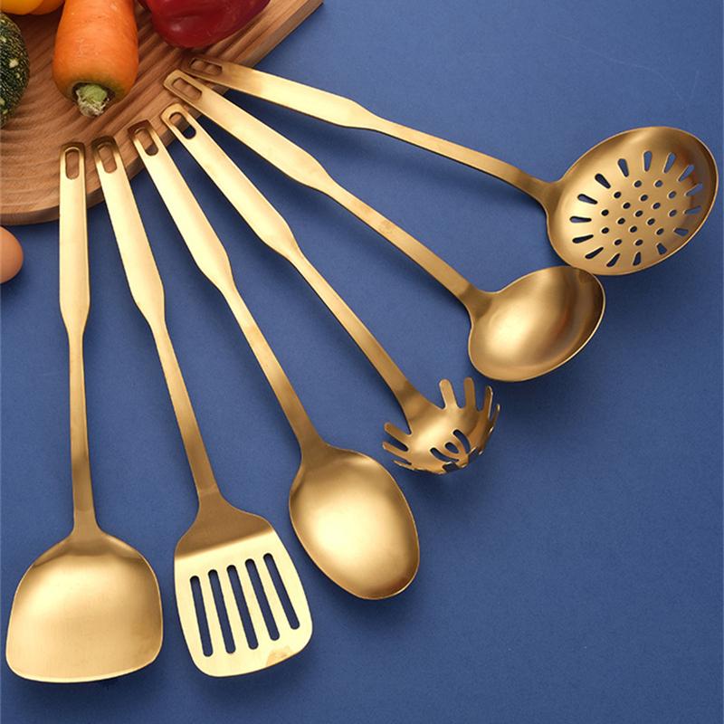 Kitchen Stainless Steel Golden Cooking Utensils Hanging  Korean Style with Pattern Kitchenware Dinner Soup Spoon Frying Spatula