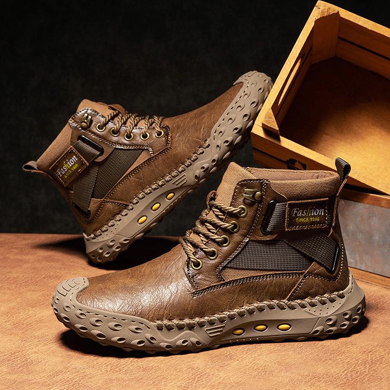 Hand-stitching Leather Men Boots Split Leather Casual Leather Shoes Men Ankle Boots