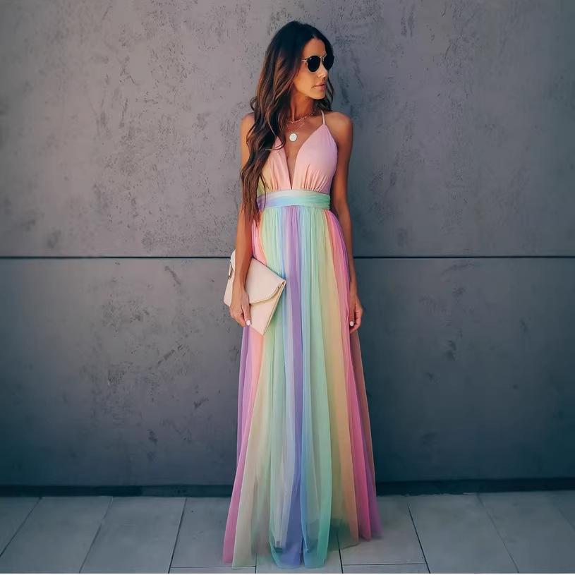 Women's Deep V Halter Rainbow Gradient Tulle Sleeveless Maxi Dress