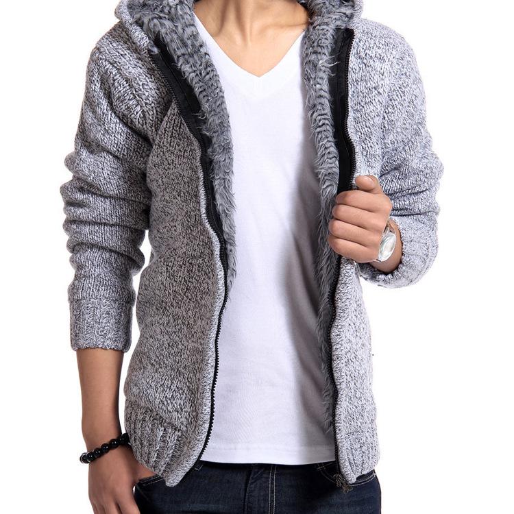 Men's Plus Size Hooded Zipper Knit Fleece Cardigan - European & American Style Sweater Coat Outerwear