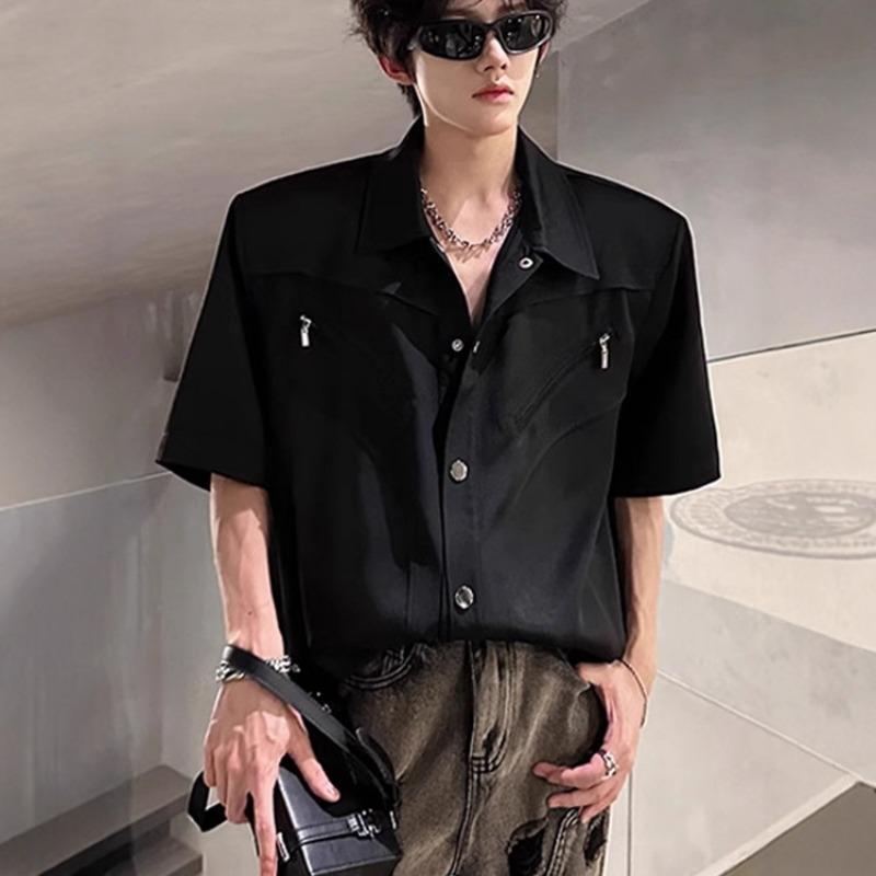 Herren Reißverschlusstasche Oversized Kurzarm Button-Down Hemd Lässiges Streetwear Top