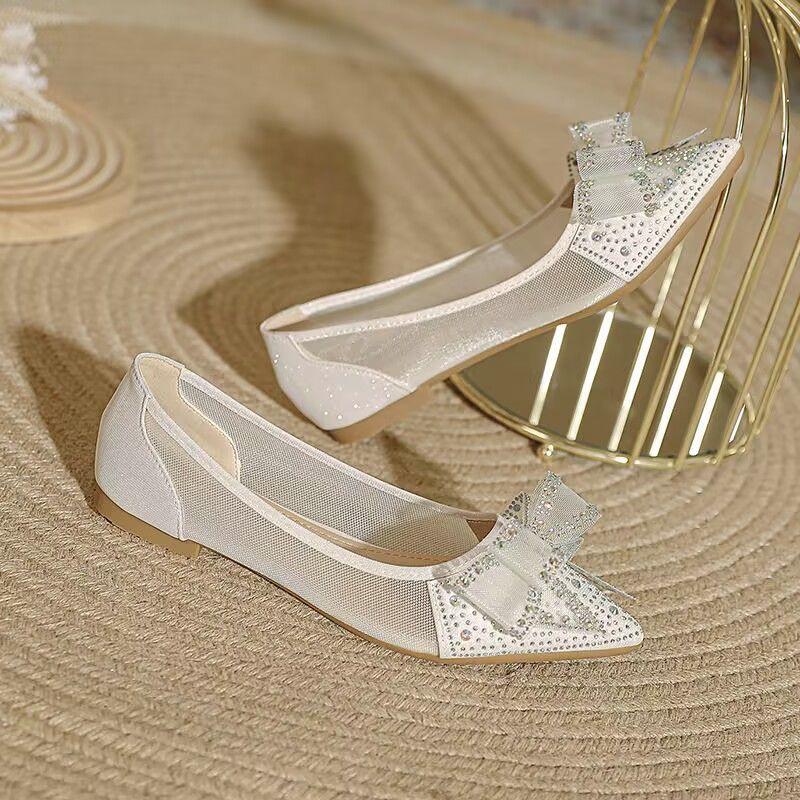 Premium Strass Netz Sandalen Damen Sommer spitze flache Schuhe neue atmungsaktive Beanie Schuhe weiche Sohle sanfte Dame Einzel Schuhe