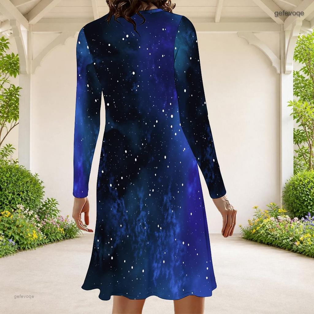 Women Plus Size Round Neck Long Sleeve A Line Flared Hem Black Printed Dress