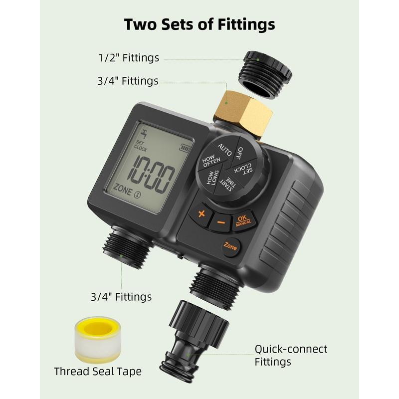 Sprinkler Timer 2 Zone Water Timer for Garden Hose, Auto/Manual/Delay Irrigation Controller, Brass Inlet, IPX6 Waterproof