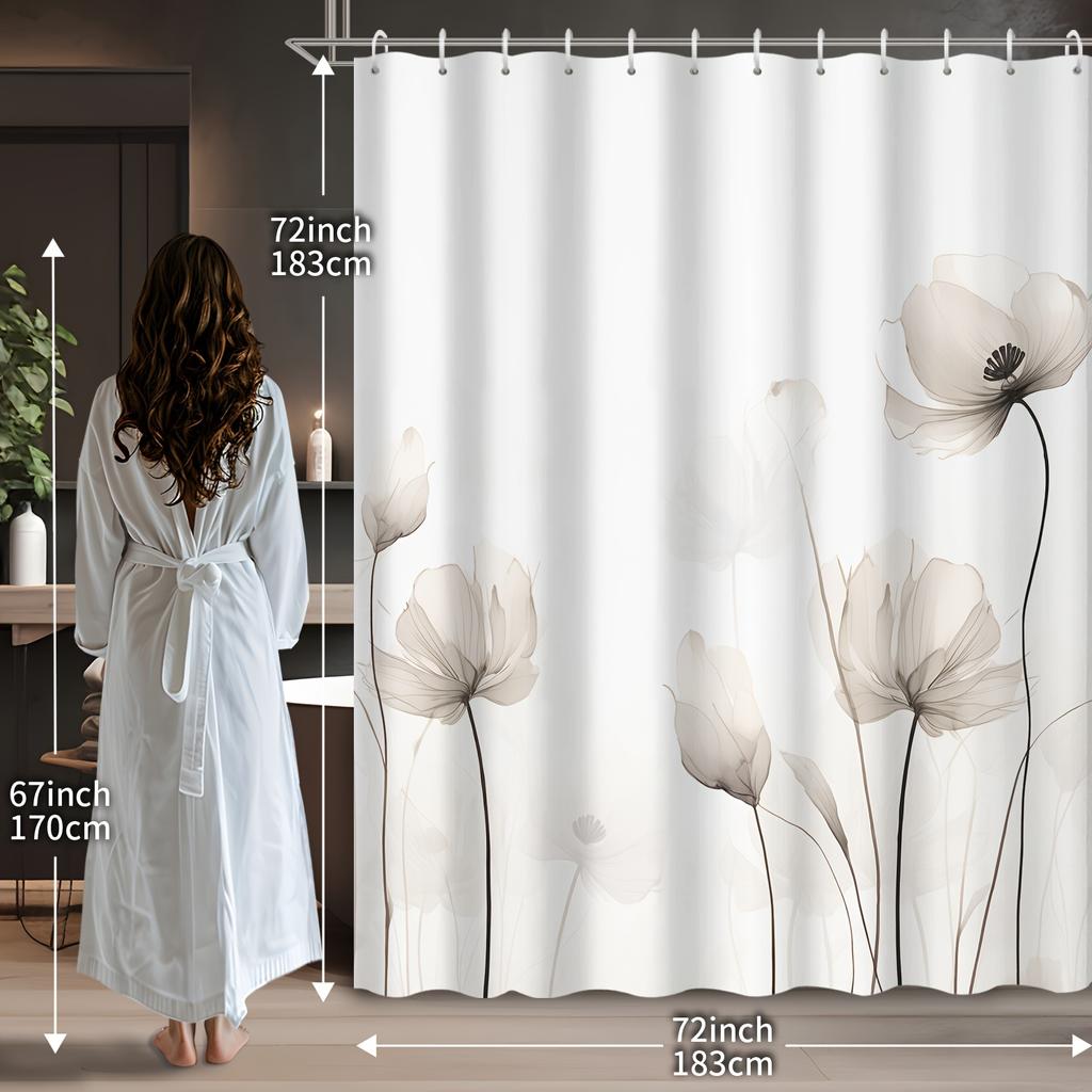 1pcs White Gray Simple Hand Painted Floral Print Shower Curtain for Hotel, Apartment Bathroom, Tapestry Wall Hanging Decoration