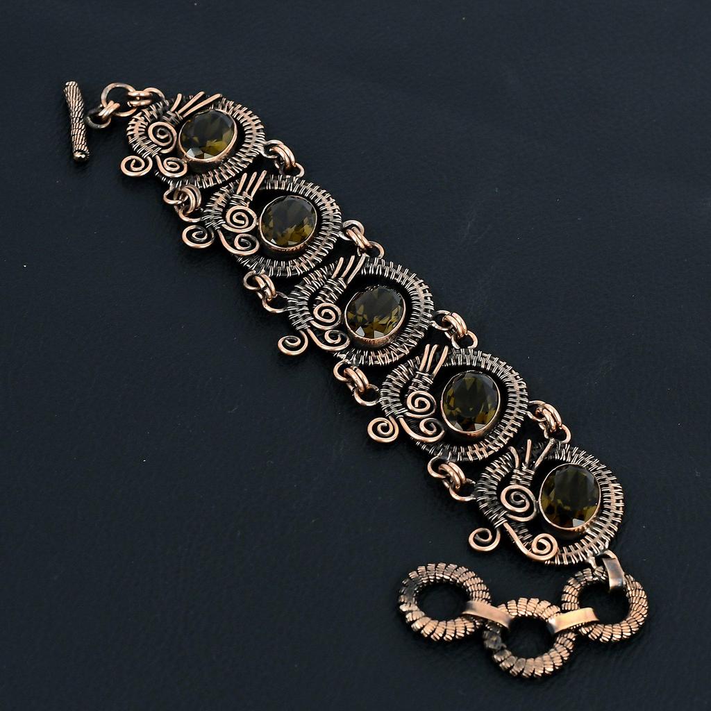 Beautiful Smoky Topaz Gemstone Handmade Pure Copper Wire Wrapped Bracelet Jewelry