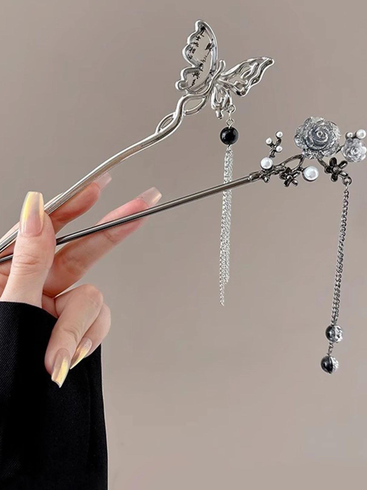 

2 шт. Модные изысканные палочки для волос с полыми бабочками и кисточками из жемчуга в виде розы для женщин, девочек, для вечеринки, аксессуары для волос