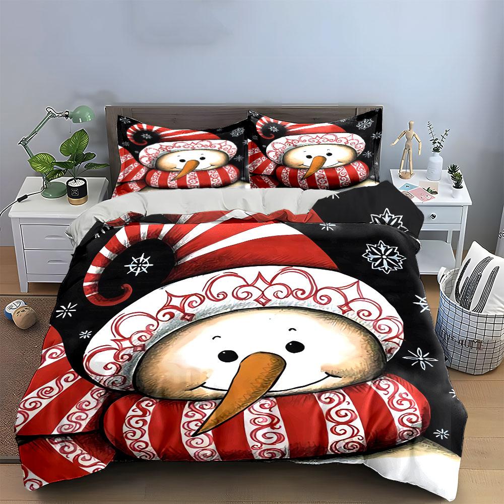 Christmas Snowman with Stripes Bedding Duvet Cover Set Duvet Cover Pillowcases (1*Duvet Cover 2*Pillowcases, without duvet insert)