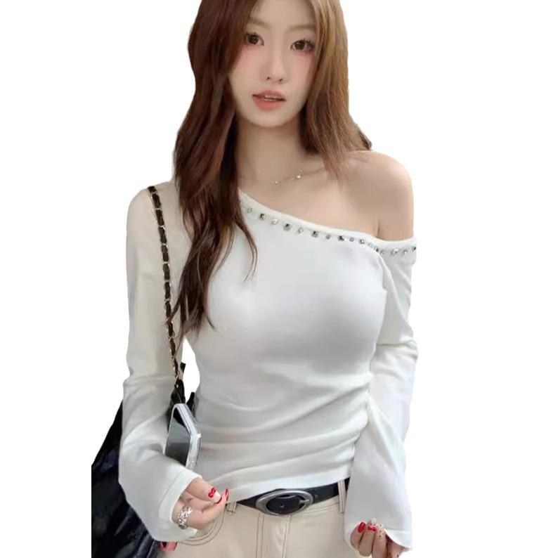 American Sweet Spicy Chic One-Shoulder White Top for Women - Early Autumn Slim Fit