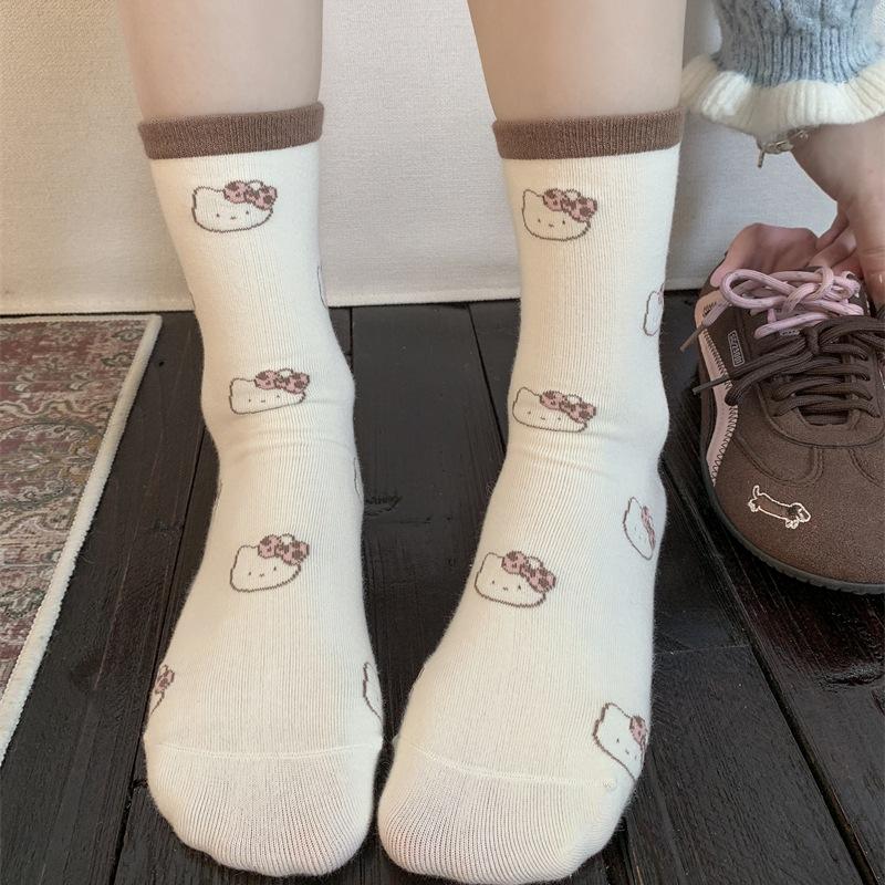 Cartoon Embroidery Cat Twist Rolled Hem Socks Leopard Print Cuffed Mid-Leg Socks Fashionable Wear Piles Of Socks Outside