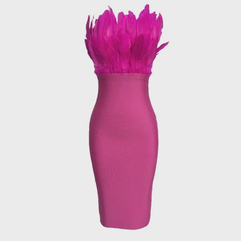 Europäisches und amerikanisches Bandagekleid mit Straußenfedern und Tube-Top für Damen