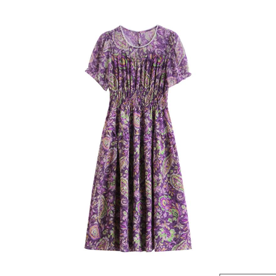 Fashion round neck elastic waist dress  new temperament elegant waist thin floral medium and long skirt