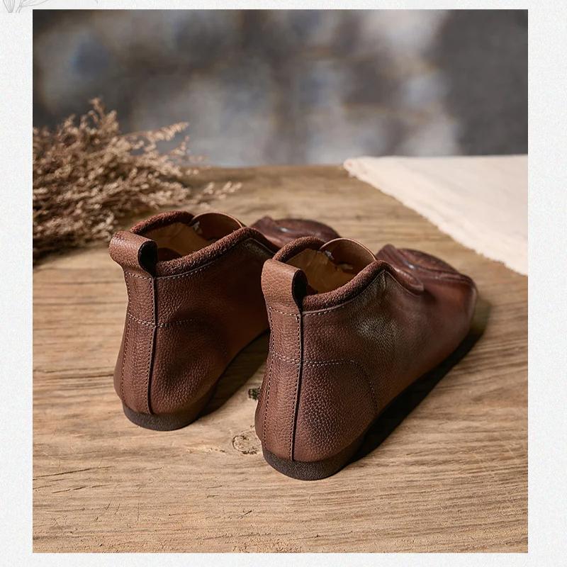 Johnature Handmade Vintage Genuine Leather Flat Ankle Boots Round Toe Soft Cowhide Women's Slip-on Shoes