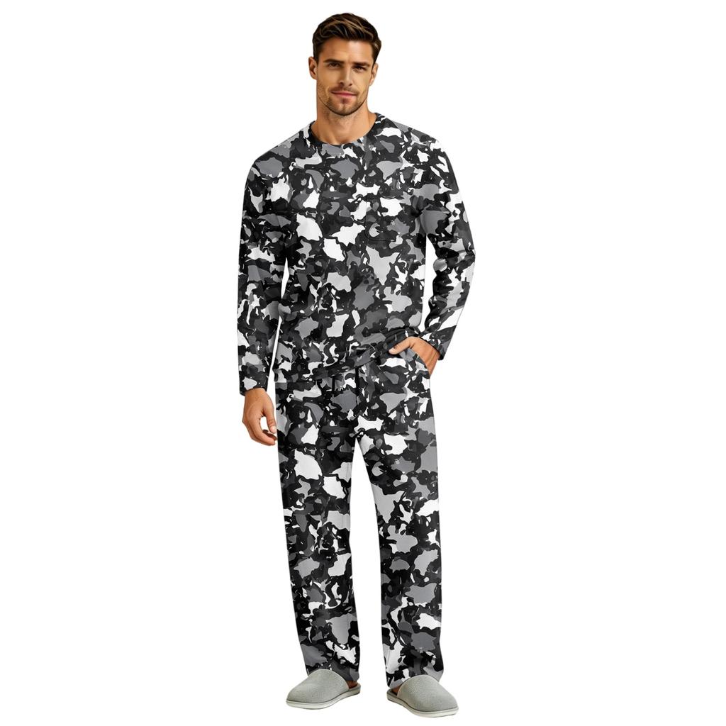 Men's Long Sleeve Pajama Set with Button Crotch and Elastic Drawstring Waist Pants for Home Loungewear