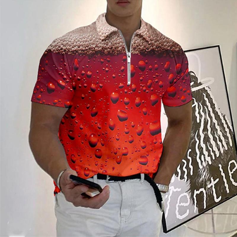 Casual Lapel T-shirt Young Men's Fashion Zipper T-shirt Short Sleeve T-shirt Men's 3D Beer Printing Print T Shirt