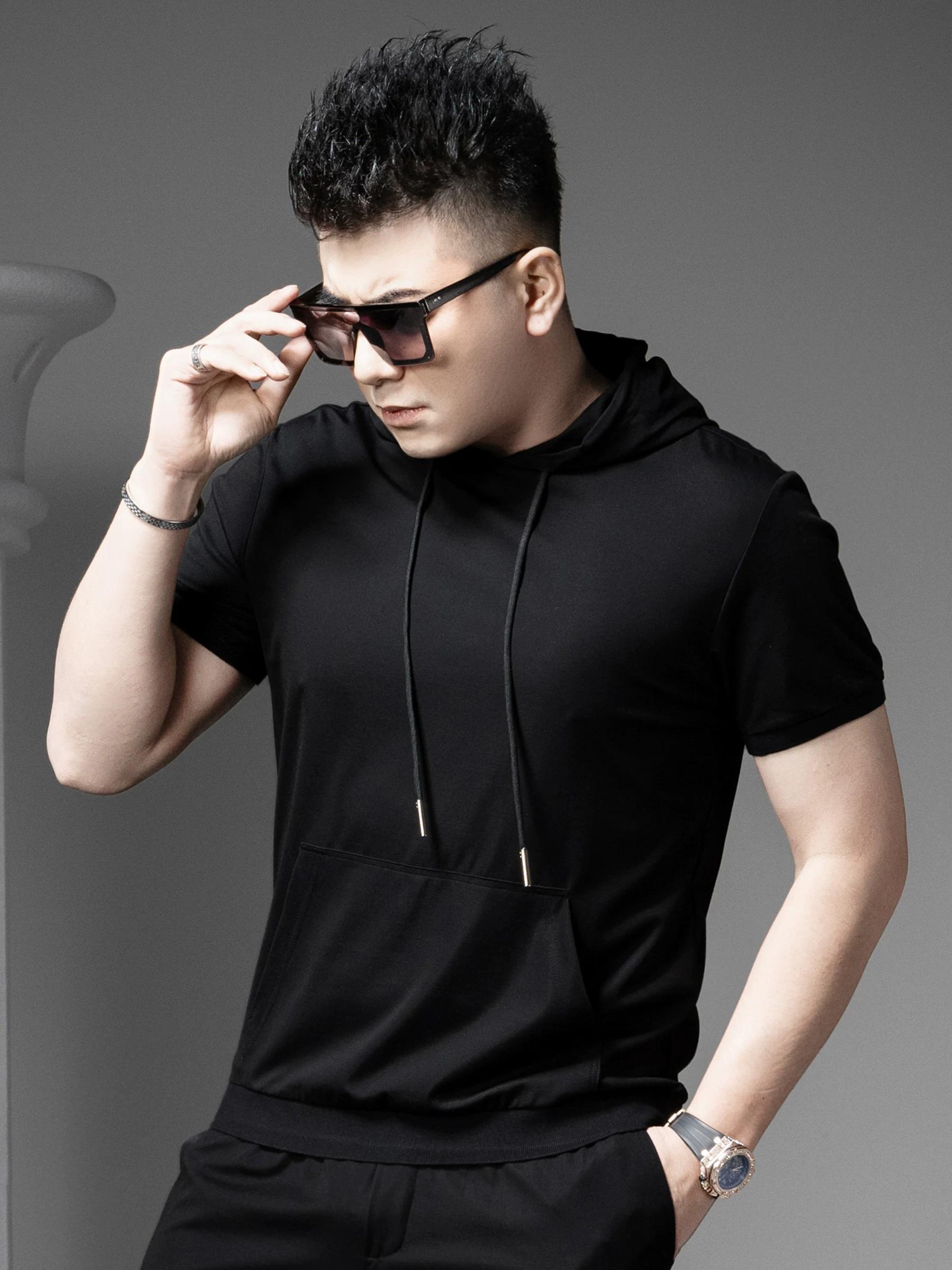 

European Style 2025 Summer New Hooded Short-Sleeve T-Shirt Men s Trendy Slim-Fit Top Solid Color Hoodie Half-Sleeve Sweatshirt 3XL чёрный