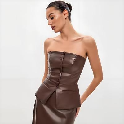 PU Women's Clothing French-style Single-breasted Sexy Strapless Leather Tops Strapless Vest