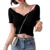 Sexy Pure Desire Ins Slim One-word Collar Off-the-shoulder Off-the-button Deep V-fold T-shirt Women's Summer Short Top Women's T-tide