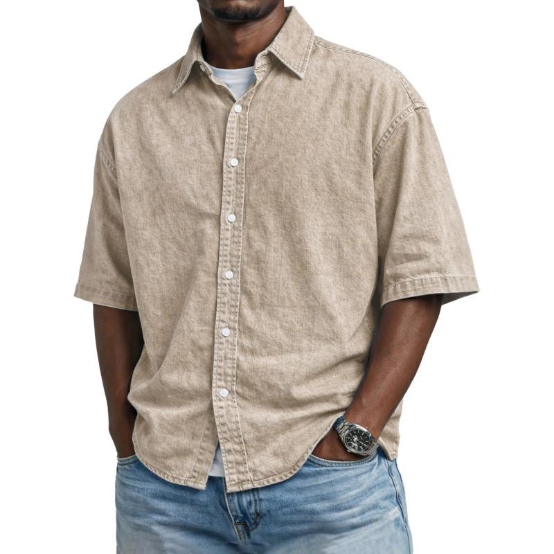 Mens Casual Loose Fit Short Sleeve Denim Shirt
