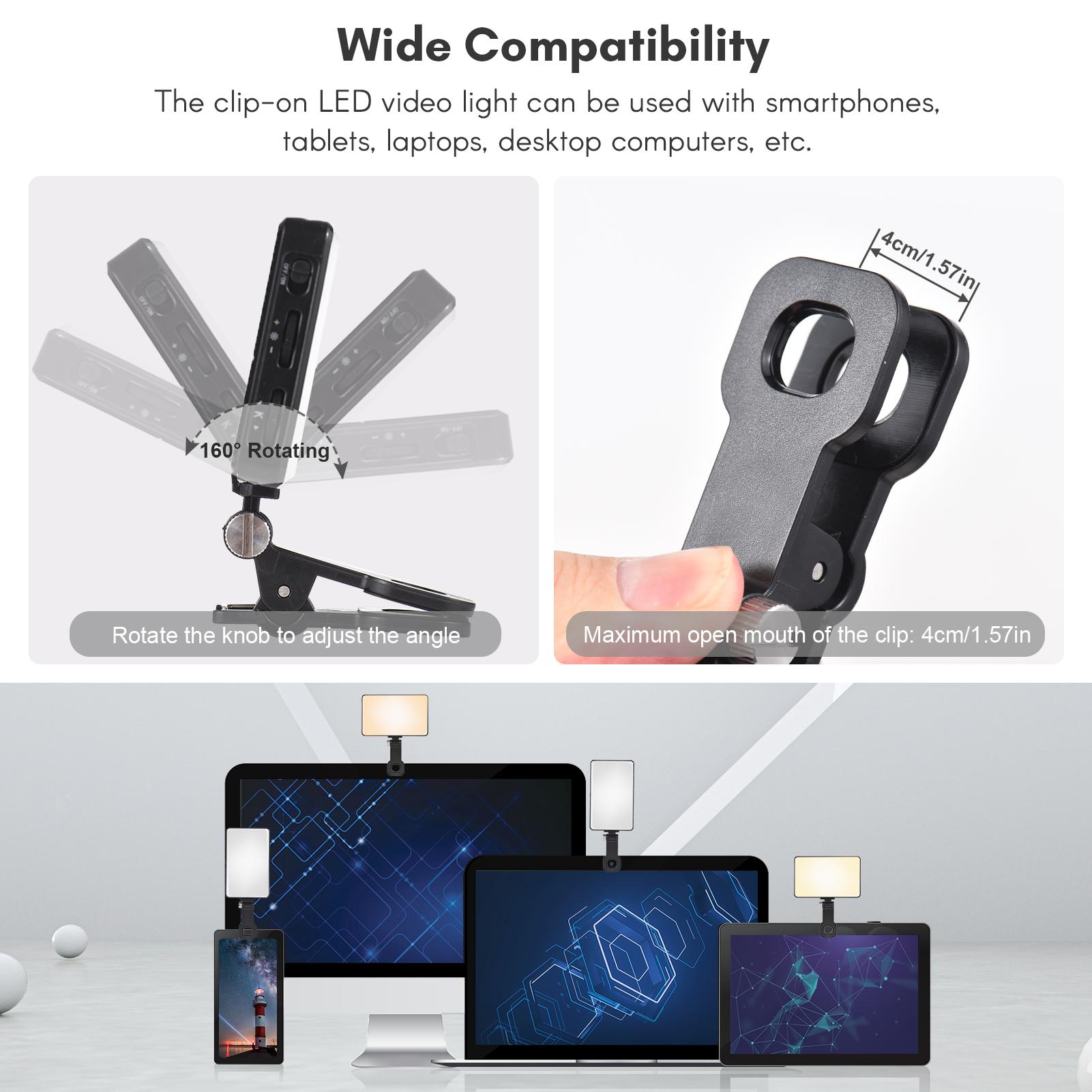 Andoer ket LED Video Light with Screen Clip Computer Tablet Mobile Phone Video Conference Light Clip-on Fill Light 2500K-9000K Dimmable Built-in Batte