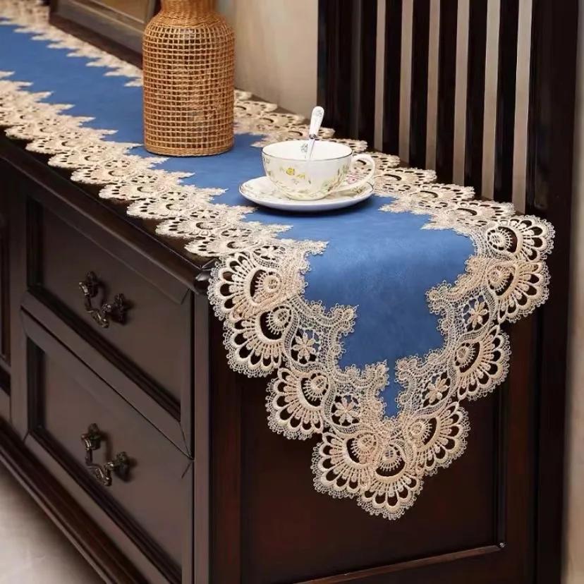 Lace table runner American luxury waterproof and oil-proof pu dining table shoe cabinet strip tablecloth table runner