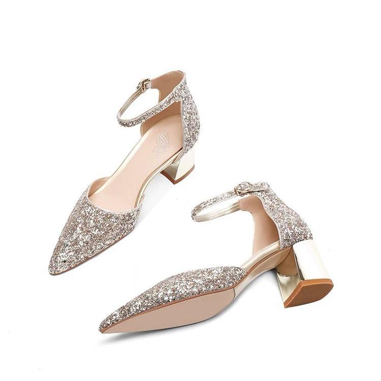 Шампанське товстий каблук високі підбори жіночі 2024 нові стрази паєтки порожнисті ремінці одинарні туфлі середній каблук закритий носок сандалі