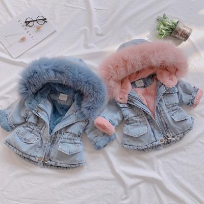 Kinder Jacke Mädchen Winter Denim Verdickt Warme Mit Kapuze Haar Kragen