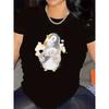 Women's Cute Penguin Print Short Sleeve T-Shirt - Soft Breathable Polyester, Relaxed Fit Round Neck, Black & White with Floral & Penguin Design,