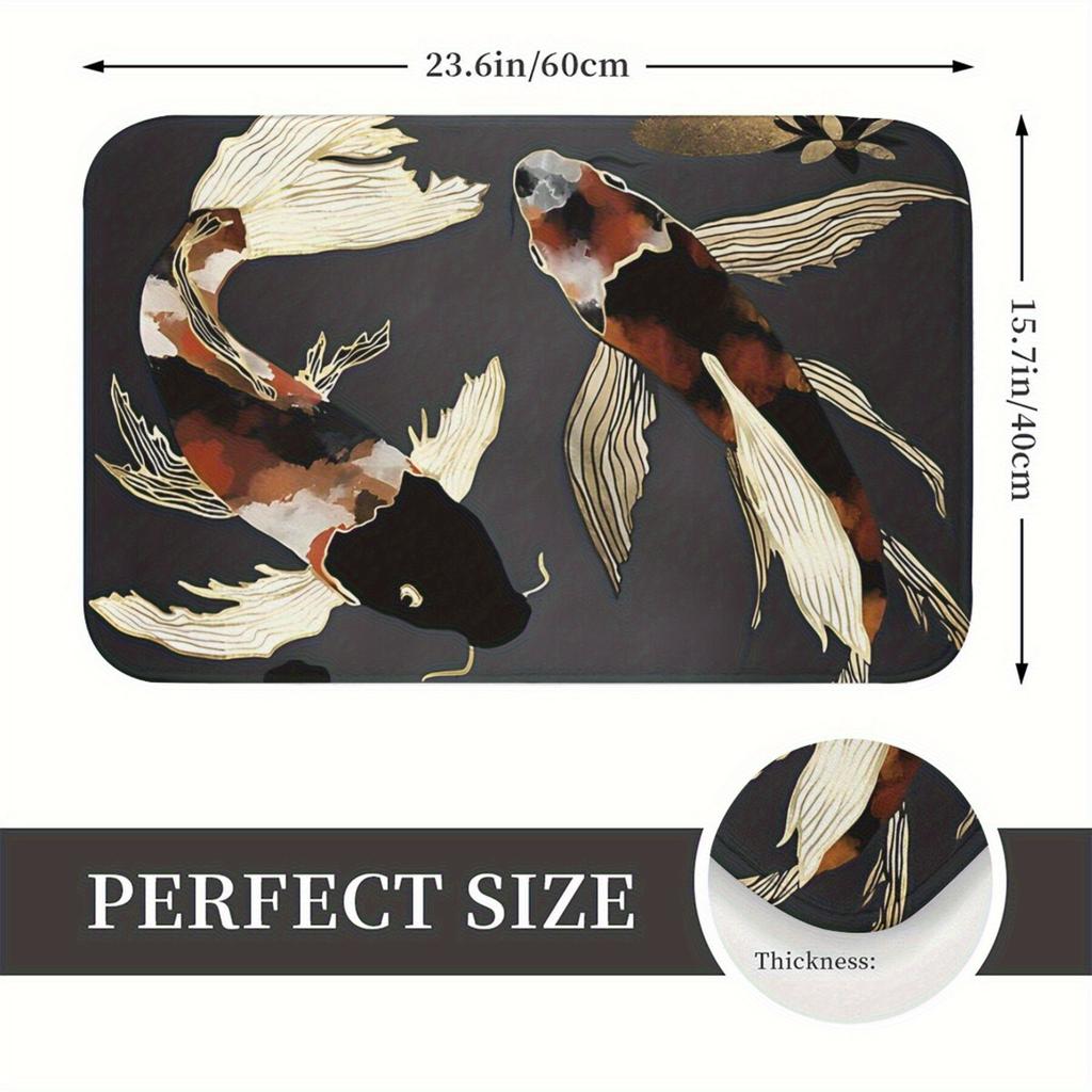 1pc Metallic Koi Fish Bath Mat - Lightweight Machine-Washable Polyester Blend, Non-Slip Rubber Backing, Elegant Black Background