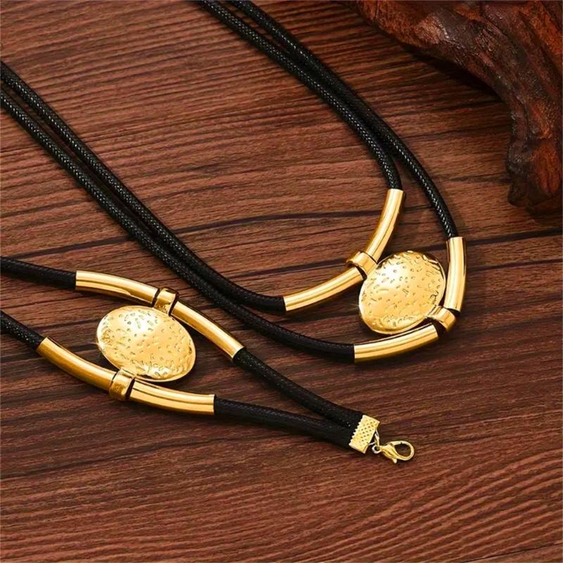 Bohemian Necklace Bracelet Set Vintage Multi Layer PU Leather Rope and Oval Metal Pendant Jewelry Accessories for Women