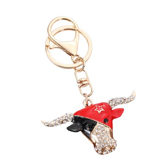 Creative Bull Head Keychain Alloy Animal Pendant with Colored Rhinestone Lobster Clasp Stylish Accessory for Keys Bags Backpacks Gift