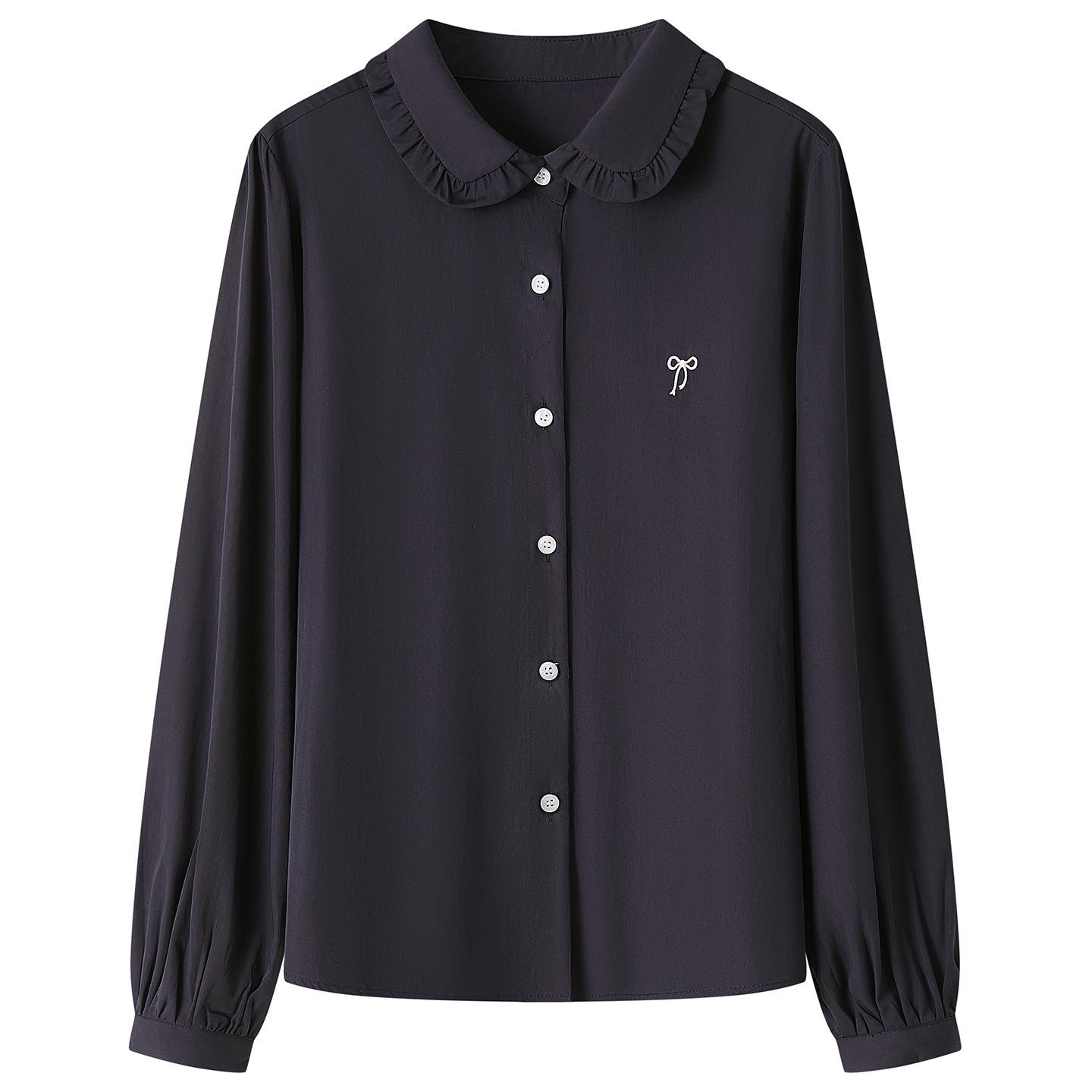 Women s Elegant White Tencel Lyocell Long Sleeve Shirt with Ruffle Collar - New Spring 2026 Arrival Large темно-синий