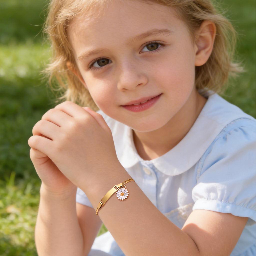 Engravable, Dripping Flower Stainless Steel Blank Curved Plate Three To One Nk Chain Children'S Bracelet, Jewelry 798